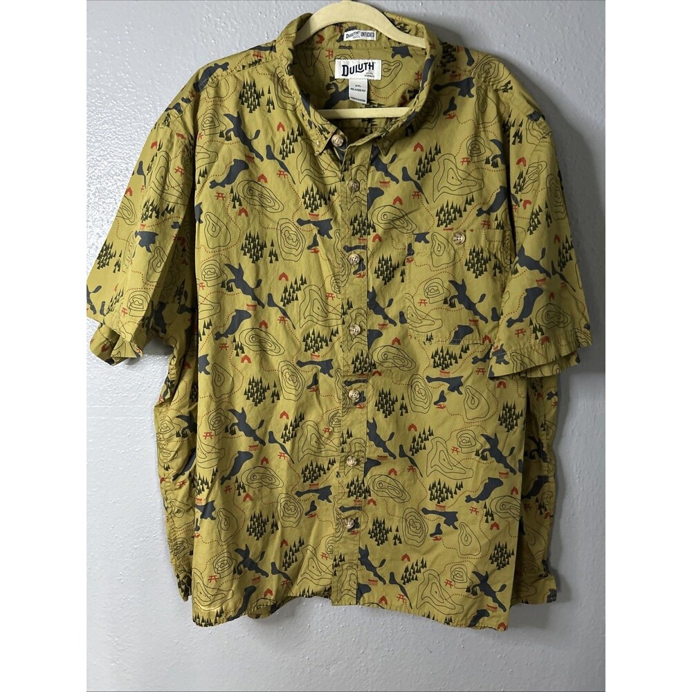 Duluth Untucked Relax Fit Green Camping Graphic Button Up Sz 3xl